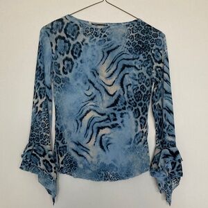 Euro Blue Animal-Print Ruffle Sleeve Women's Top